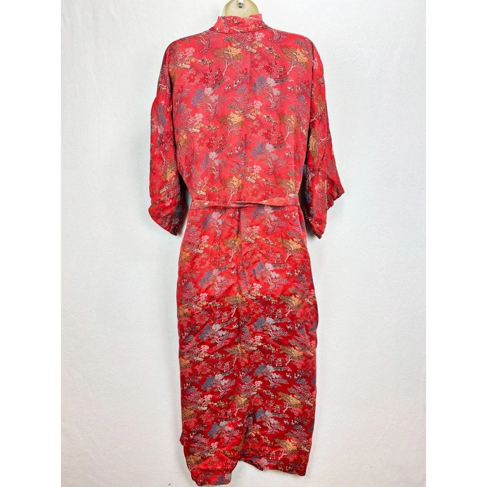 Chinese Silk Traditional Robe Red Size Large Tie Waist Long Kimono - Picture 2 of 11